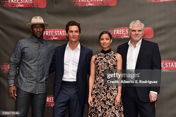 Actors Mahershala Ali, Matthew McConaughey, Gugu Mbatha-Raw and Writer Director Garry Ross attend the photo call for STX Entertainment's "Free State...