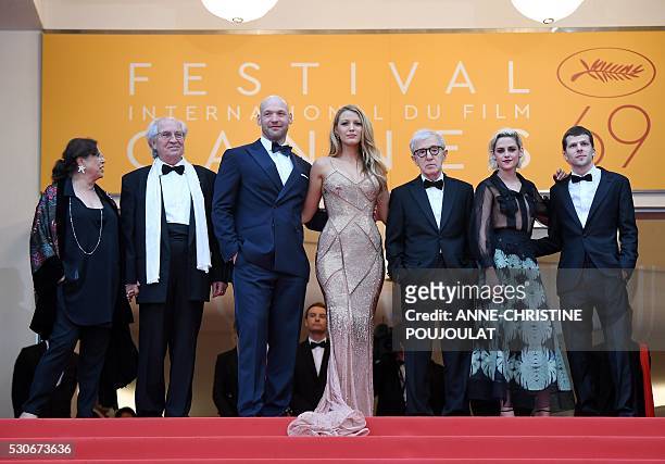Director Woody Allen poses with Italian cinematographer Vittorio Storaro and his wife Antonia LaFolla, US actor Corey Stoll, US actress Blake Lively,...