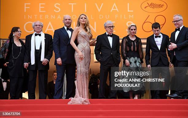 Director Woody Allen poses with Italian cinematographer Vittorio Storaro and his wife Antonia LaFolla, US actor Corey Stoll, US actress Blake Lively,...