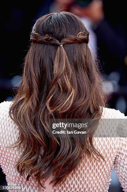 Actress Eva Longoria, hair detail, attends the "Cafe Society" premiere and the Opening Night Gala during the 69th annual Cannes Film Festival at the...