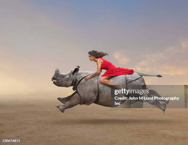 woman riding rhinoceros in rural field - rhino stock-fotos und bilder