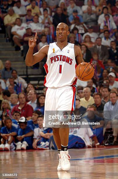 Chauncey Billups of the Detroit Pistons dribbles down the court against the San Antonio Spurs in Game three of the 2005 NBA Finals on June 14, 2005...