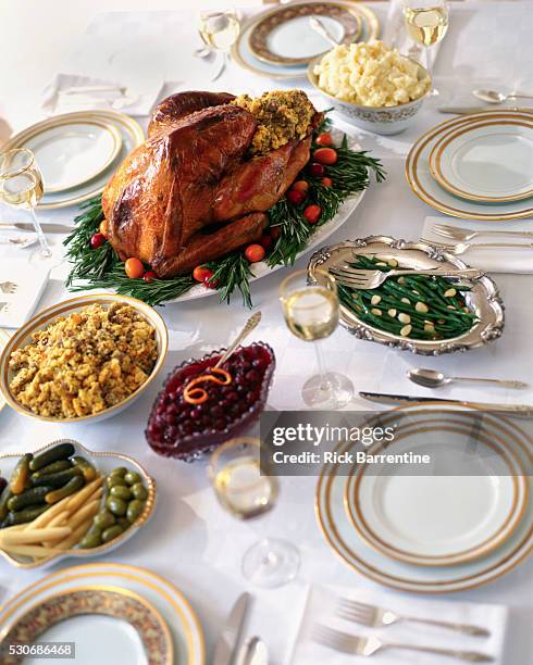 traditional holiday turkey dinner - christmas table turkey stock pictures, royalty-free photos & images
