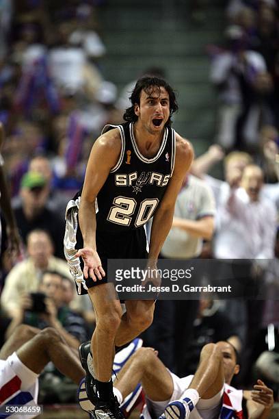 Manu Ginobili of the San Antonio Spurs reacts during action against the Detroit Pistons in Game three of the 2005 NBA Finals June 14, 2005 at the...