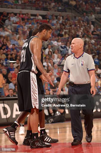 Tim Duncan of the San Antonio Spurs pleads his case to referee Joey Crawford against the Detroit Pistons in Game Three of the 2005 NBA Finals June...