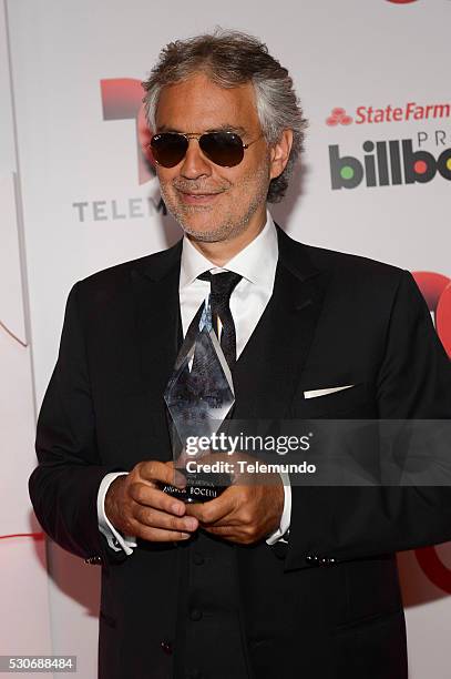 Backstage -- Pictured: Andrea Bocelli backstage during the 2014 Billboard Latin Music Awards, from Miami, Florida at BankUnited Center, University of...