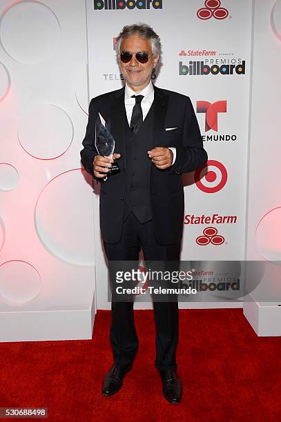 Backstage -- Pictured: Andrea Bocelli backstage during the 2014 Billboard Latin Music Awards, from Miami, Florida at BankUnited Center, University of...