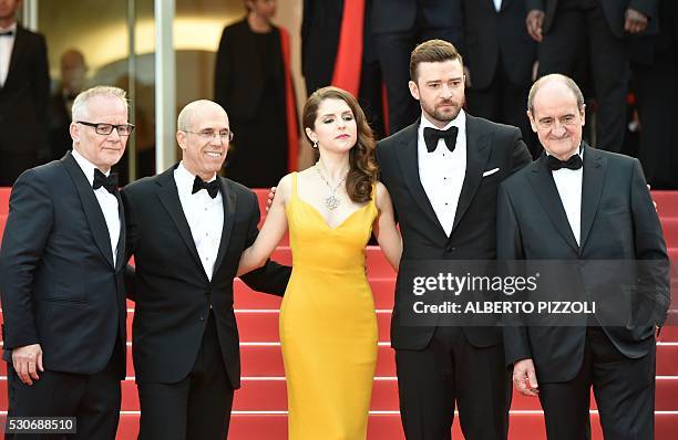 Cannes Film Festival General Delegate Thierry Fremaux and Festival President Pierre Lescure pose with USproducer Jeffrey Katzenberg, US actress and...