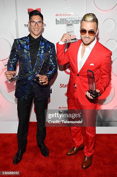 Backstage -- Pictured: Chino y Nacho backstage during the 2014 Billboard Latin Music Awards, from Miami, Florida at BankUnited Center, University of...