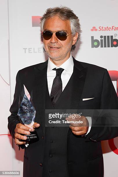 Backstage -- Pictured: Andrea Bocelli backstage during the 2014 Billboard Latin Music Awards, from Miami, Florida at BankUnited Center, University of...