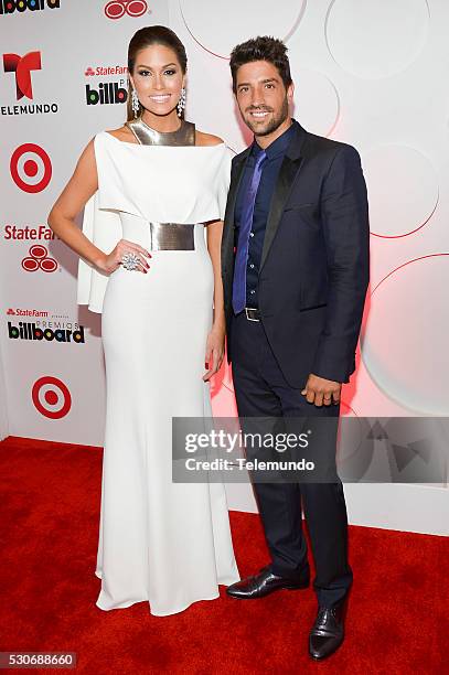 Backstage -- Pictured: Miss Universe, Gabriela Isler and David Choccaro backstage during the 2014 Billboard Latin Music Awards, from Miami, Florida...