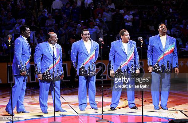 The Temptations perform at half-time as the the San Antonio Spurs take on the Detroit Pistons in Game three of the 2005 NBA Finals at The Palace of...