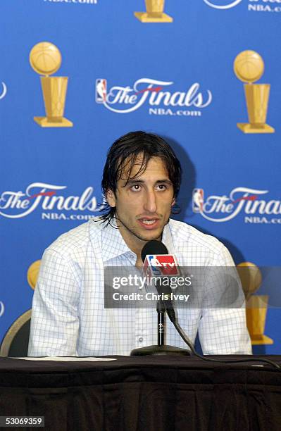 Manu Ginobili of the San Antonio Spurs addresses the media after Game three of the 2005 NBA Finals against the Detroit Pistons on June 14, 2005 at...