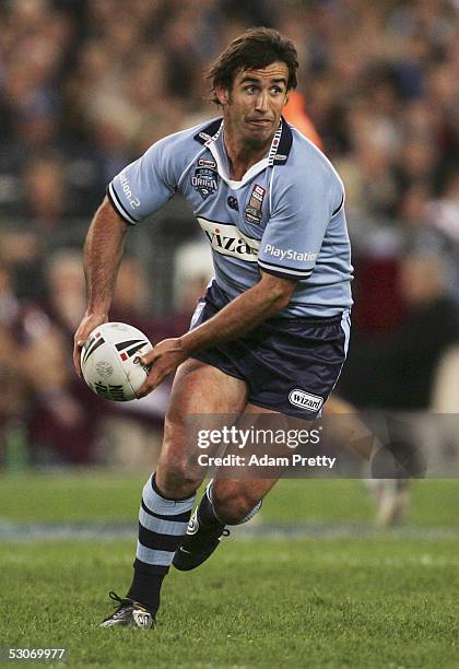 Andrew Johns of the Blues in action during the NRL State of Origin Game 2, between the New South Wales Blues and the Queensland Maroons held at...