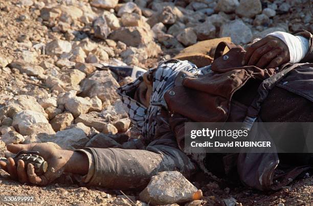 Palestinian fighter lies dead, holding the grenade he was about to throw.