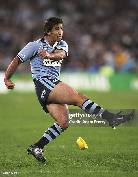 Andrew Johns of the Blues in action during the NRL State of Origin Game 2, between the New South Wales Blues and the Queensland Maroons held at...