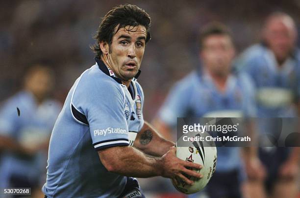 Andrew Johns of the Blues in action during the State of Origin Game 2, between the New South Wales Blues and the Queensland Maroons held at Telstra...