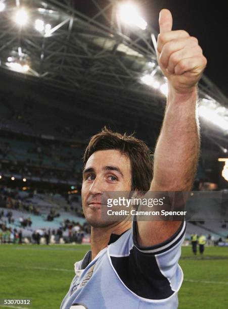 Andrew Johns of the Blues thanks the crowd after winning match two of the ARL State of Origin series between the Queensland Maroons and the New South...