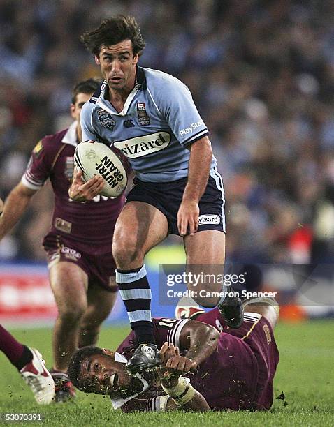 Andrew Johns of the Blues in action during match two of the ARL State of Origin series between the Queensland Maroons and the New South Wales Blues...