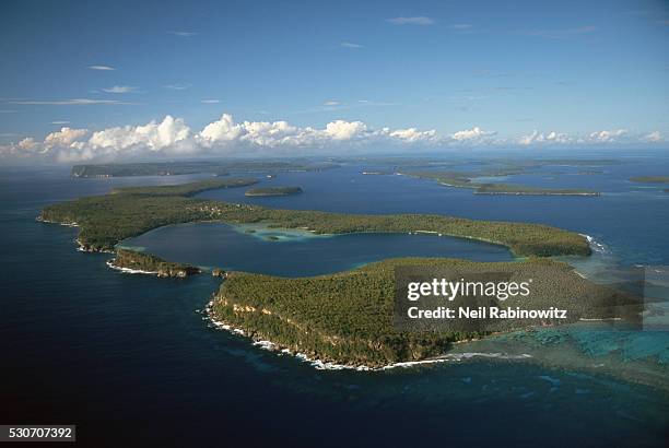 aerial view of hunga bay and the vavau islands - oceano pacifico foto e immagini stock