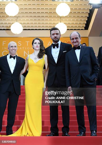 Producer and CEO of DreamWorks Animation Jeffrey Katzenberg, US actress Anna Kendrick and US singer Justin Timberlake pose on May 11, 2016 with the...