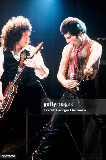 Brian May and Freddie Mercury of the rock band Queen perform in concert June 1979 in Paris, France.