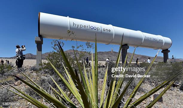 Hyperloop tubes are displayed during the first test of the propulsion system at the Hyperloop One Test and Safety site on May 11, 2016 in North Las...