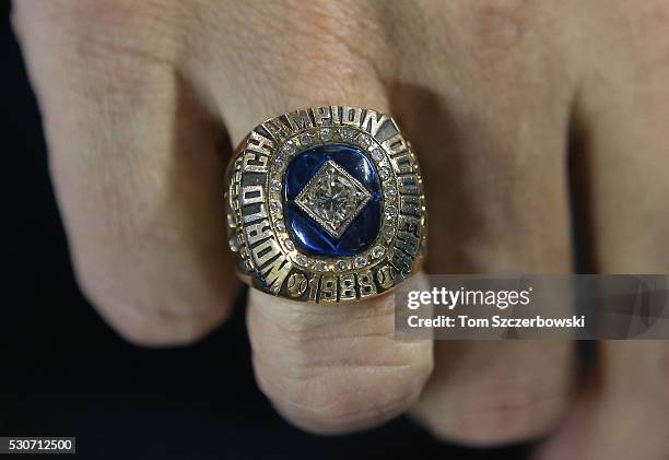 Detailed view of the 1988 World Series ring worn by former player Orel Hershiser of the Los Angeles Dodgers before the start of MLB game action...