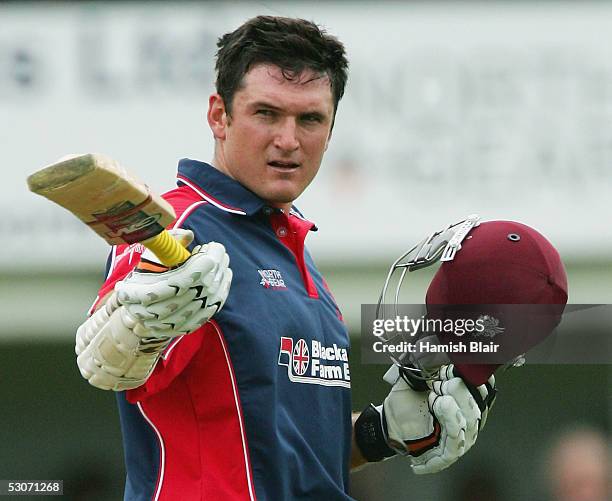 Graeme Smith of Somerset reaches 100 during the one day match between Somerset and Australia played at Somerset County Ground on June 15, 2005 in...