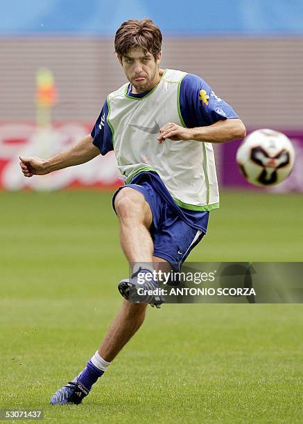 Brazilian national football team player Juninho Pernambucano kicks the ball during a training session 15 June 2005 in Leipzig, eastern Germany....