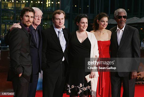 Actor Christian Bale, actor Michael Caine, director Christopher Nolan, producer Emma Thomas, actress Katie Holmes and actor Morgan Freeman arrive for...