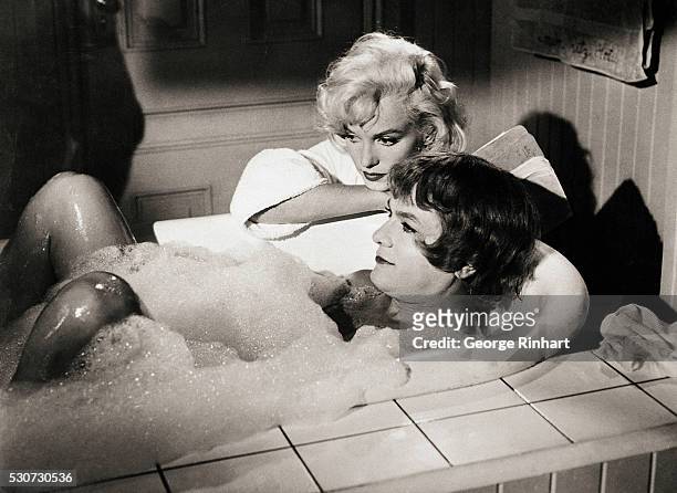 Josephine - really Joe - takes a bubble bath to conceal his true identity from Sugar Kane Kowalczyk in the comedy Some Like It Hot.