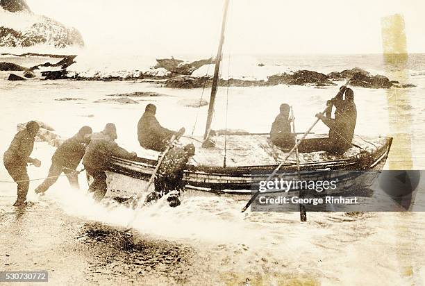 Sir Ernest Shackleton Antarctic Expedition crew, Shackleton, Worsley , Crean , McNeish , Vincent , McCarthy , leaving Elephant Island.