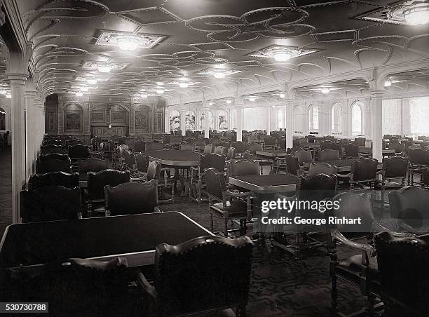 Main dining room of the S.S. "Titanic." The largest ship in the world in its day, the Titanic sank after hitting an iceberg on its maiden voyage from...