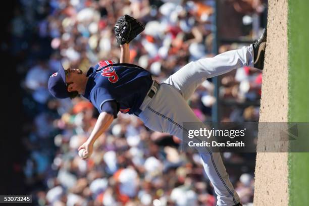 June 12: Matt Miller of the Cleveland Indians pitches during the game against the San Francisco Giants at SBC Park on June 12, 2005 in San Francisco,...