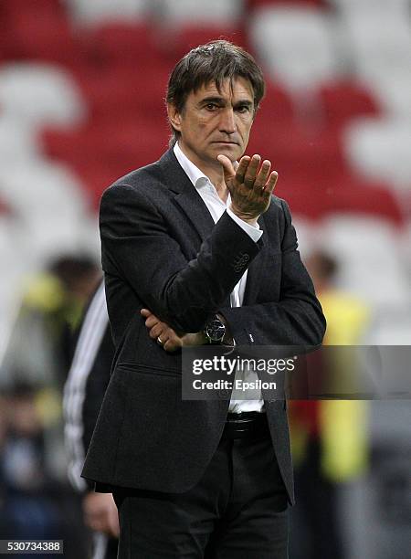 Head coach Valerii Chalyi of FC Rubin Kazan gestures during the Russian Premier League match between FC Rubin Kazan and FC Anzhi Makhachkala at the...