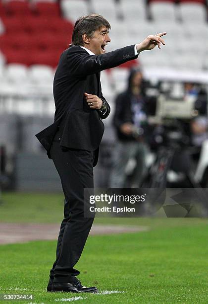 Head coach Valerii Chalyi of FC Rubin Kazan gestures during the Russian Premier League match between FC Rubin Kazan and FC Anzhi Makhachkala at the...