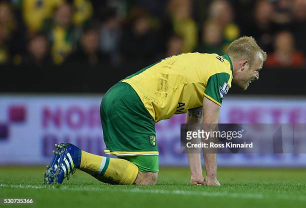 Steven Naismith of Norwich City looks dejected during the Barclays Premier League match between Norwich City and Watford at Carrow Road on May 11,...