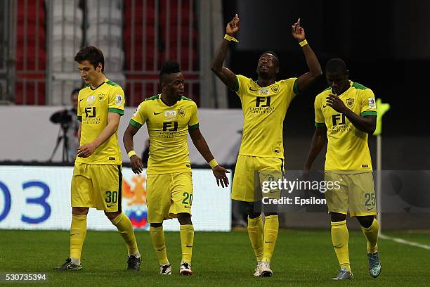 Players of FC Anzhi Makhachkala celebrate after scoring a goal during the Russian Premier League match between FC Rubin Kazan and FC Anzhi...