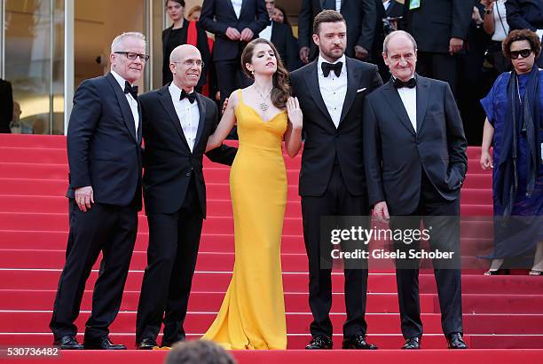 Director of the festival Thierry Fremau, Producer Jeffrey Katzenberg, Actors Justin Timberlake and Anna Kendrick and President of the festival Pierre...