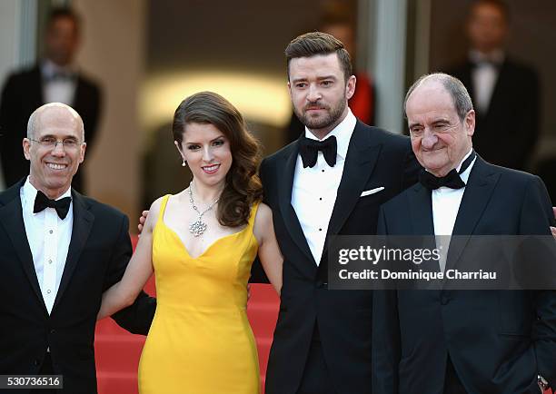 Producer Jeffrey Katzenberg, Actors Justin Timberlake and Anna Kendrick and President of the festival Pierre Lescure attend the "Cafe Society"...