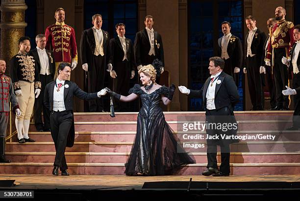 American actor Alexander Lewis , American soprano Renee Fleming , and American baritone Jeff Mattsey perform at the final dress rehearsal prior to...