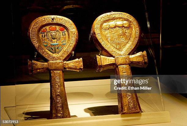 Ankh-Shaped Mirror Cases are on display during the "Tutankhamun And The Golden Age Of The Pharaohs" Exhibit Opening at the Los Angeles County Museum...