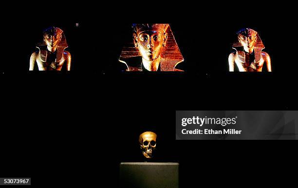 Imagery of Tutankhamun is shown above a replica of King Tut's skull while on display during the "Tutankhamun And The Golden Age Of The Pharaohs"...