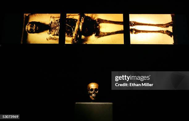 Medical imagery of Tutankhamun is shown above a replica of King Tut's skull while on display during the "Tutankhamun And The Golden Age Of The...