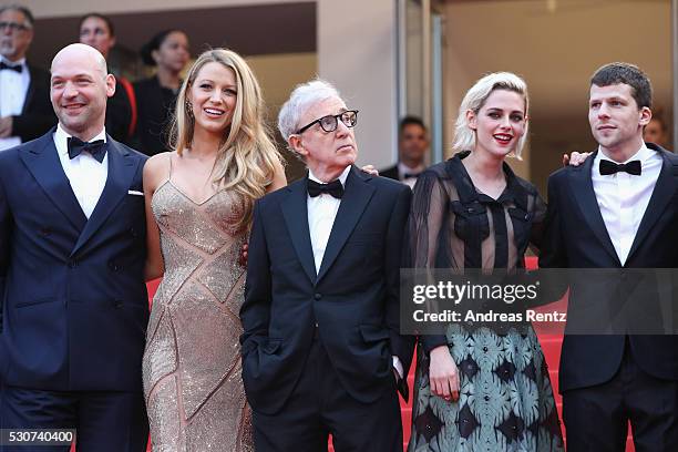 Actors Corey Stoll, Blake Lively, director Woody Allen, actress Kristen Stewart and actor Jesse Eisenberg attend the "Cafe Society" premiere and the...