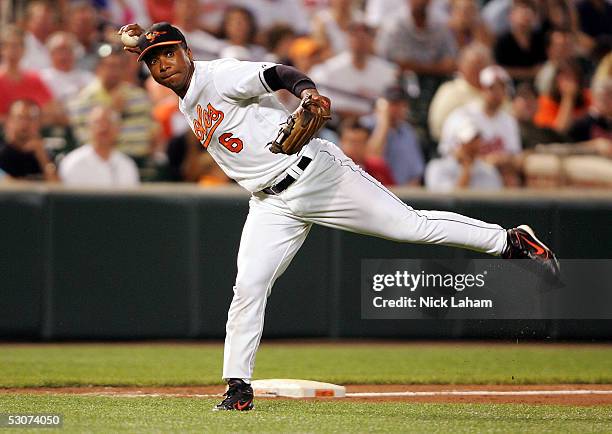 Third baseman Melvin Mora of the Baltimore Orioles throws to first base against the Houston Astros on June 15, 2005 at Oriole Park at Camden Yards in...