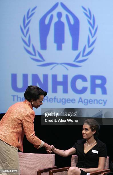 Secretary of State Condoleezza Rice shakes hands with actress and Goodwill Ambassador for the United Nations High Commissioner for Refugees Angelina...