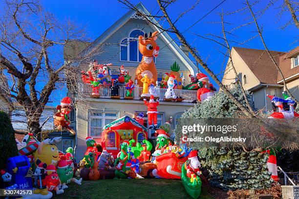 luxury brooklyn house with christmas decorations, new york. blue sky. - inflatable stock pictures, royalty-free photos & images