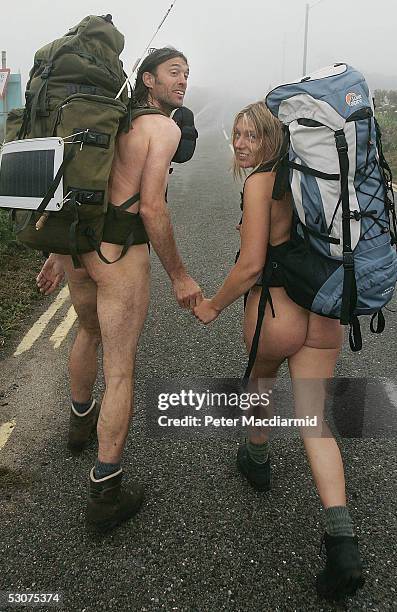 Naked ramblers Stephen Gough and Melanie Roberts set off on their walk to John O'Groats on June 16, 2005 at Land's End, England. Former Royal Marine,...